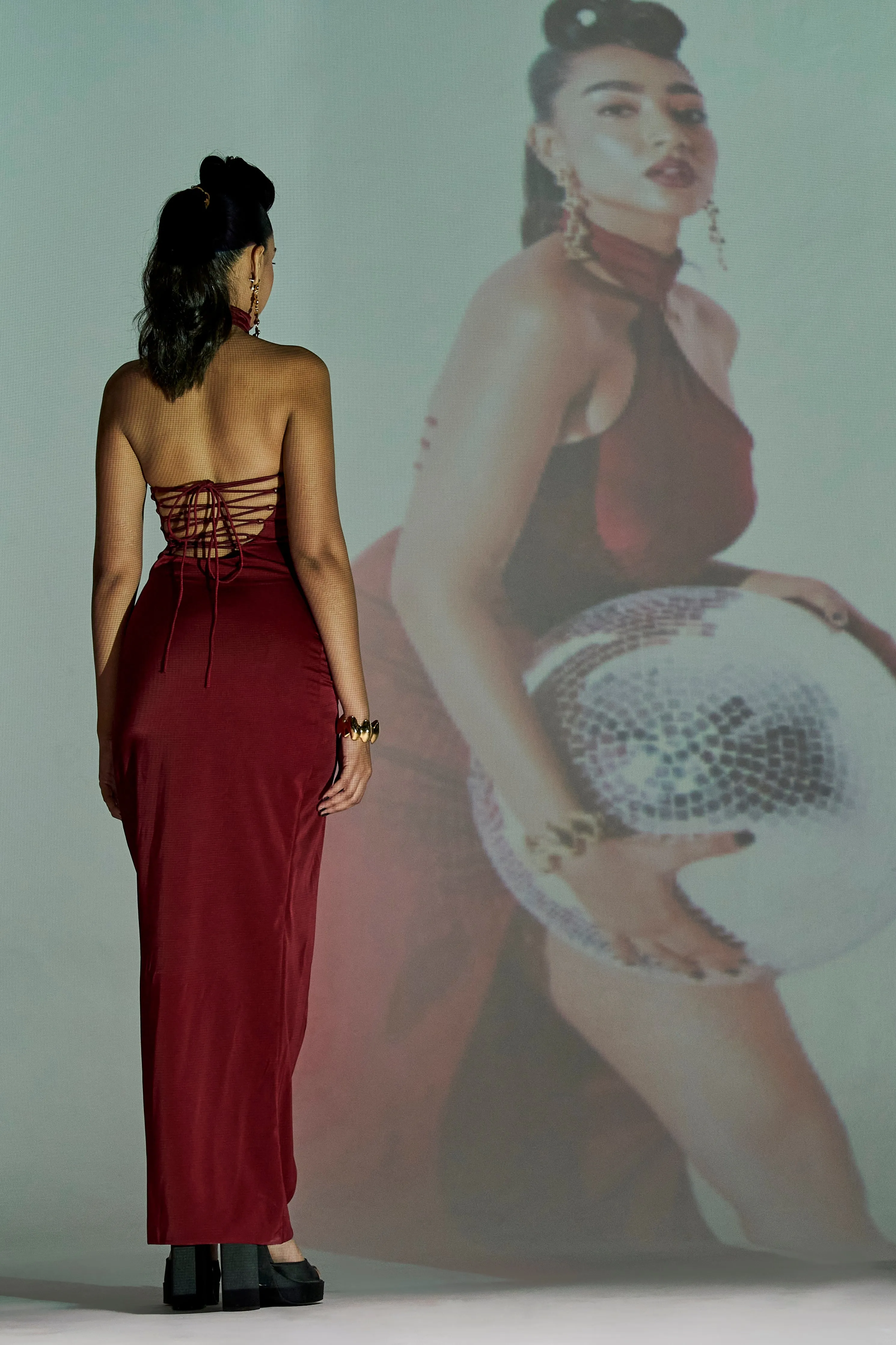 Roux Burgundy Stretch Satin Asymmetrical Cutout Dress