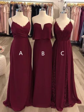 Simple A Line Spaghetti Strap Chiffon Burgundy Long Bridesmaid Dresses, DPB162