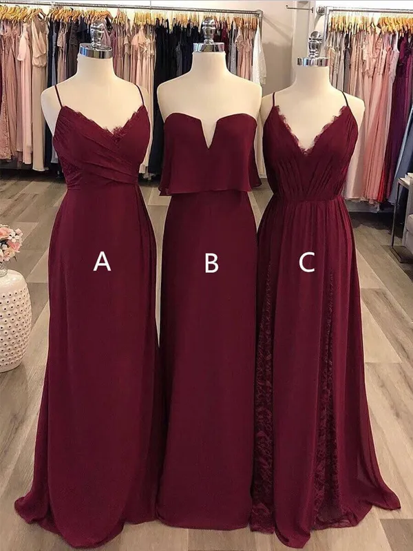 Simple A Line Spaghetti Strap Chiffon Burgundy Long Bridesmaid Dresses, DPB162
