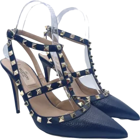 Valentino Garavani Navy Blue Rockstud Grainy Calfskin Ankle Strap Pump 100 Mm UK 4 EU 37 👠